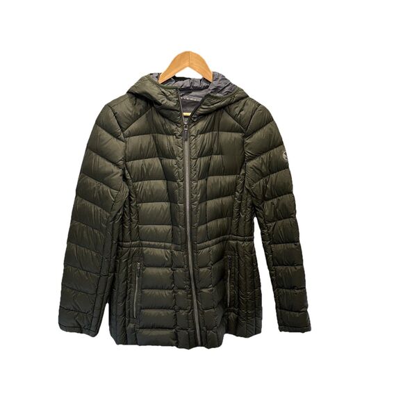 Michael Kors Womens Packable Hooded Down PufferJacket Size M Olive Logo Back Zip - Picture 2 of 16